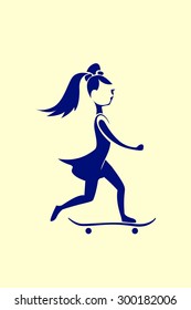 Vector silhouette of the little girl that skating on skateboard.