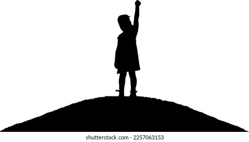 Vector silhouette, little happy baby girl standing on a hill with a raised hand up. Conceptual image of childhood