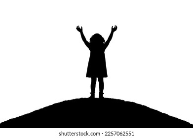 Vector silhouette, a little happy girl standing on a hill with her hands up. Happy childhood concept