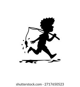 Vector silhouette logo design or icon of a boy carrying a fishing rod and a fish