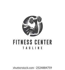 A vector silhouette logo for a fitness center, depicting a muscular arm lifting a dumbbell.