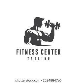 A vector silhouette logo for a fitness center, depicting a muscular arm lifting a dumbbell.