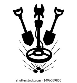 Vector silhouette logo of a treasure digger searching for ancient coins under the ground. Metal detector with shovels treasure hunt emblem hand drawn design element 