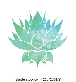 Vector silhouette of lotus with turquoise watercolor background. Colorful print of water lily for icon. Natural sacred symbol of flower for logo spa and yoga center. 