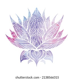 Vector silhouette of lotus with violet and pink watercolor background. Colorful print of water lily for icon. Natural sacred symbol of flower for logo spa and yoga center.