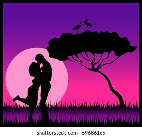Vector silhouette of lovers on a background safari