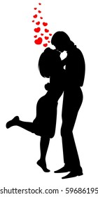 Vector silhouette of lovers on a background with hearts