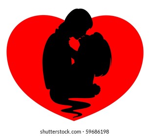 Vector silhouette of lovers on a background with heart