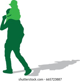 Vector silhouette of Low angle view of happy little boy with hat stretching out hands while his father carrying him on shoulders