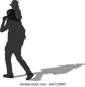 Vector silhouette of Low angle view of happy little boy with hat stretching out hands while his father carrying him on shoulders