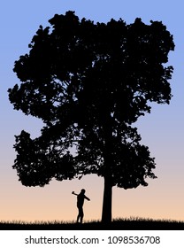 Vector silhouette of lumberjack cutting big tree with an axe.