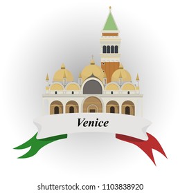 Vector silhouette of main showplaces in Venice with ribbon in Italian flag colors. EPS 10. 