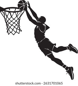 vector silhouette of a male basketball player slam dunk, on a solid background.