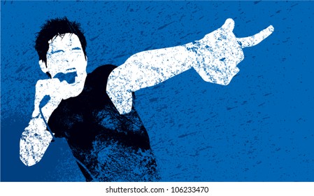 A vector silhouette of a male punk rock singer styled to look like a worn, grungy handmade print.