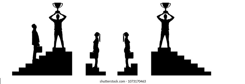 Vector silhouette of a male winner with a trophy on the career ladder against the background of a woman who has no chance of winning. The concept of gender inequality and discrimination
