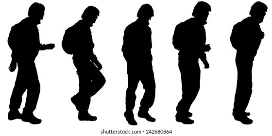 Vector silhouette of a man with a backpack on white background.