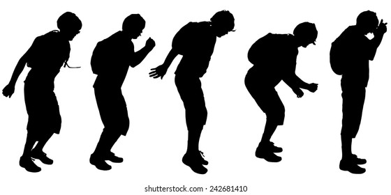 Vector silhouette of a man with a backpack on white background.