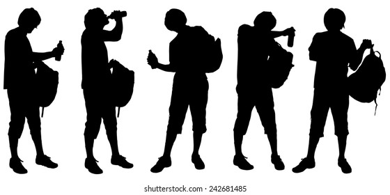 Vector silhouette of a man with a backpack on white background.
