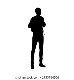 Vector silhouette man with backpack standing,  black color, isolated on white background