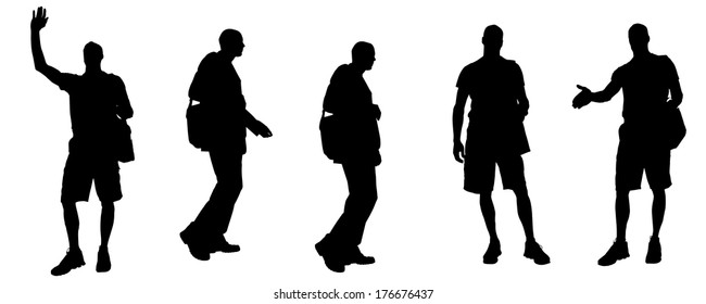 Vector silhouette of a man with a bag on a white background. 