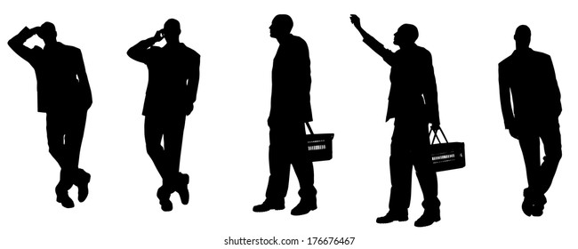 Vector silhouette of a man with a bag on a white background. 