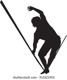 Vector silhouette of a man balancing on a loose rope, stretching out hands for counterpoise
