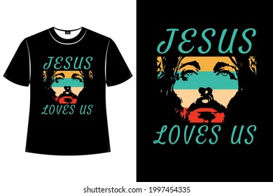 Vector silhouette of a man with a beard looking up. Jesus Christ is a biblical character. Text Jesus loves us.