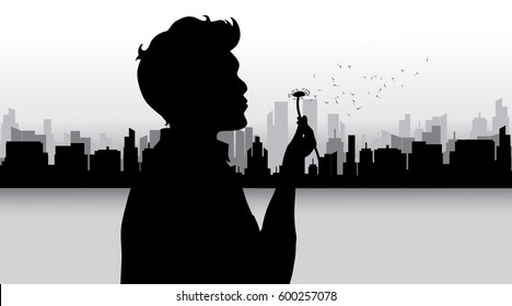 Vector silhouette of man in big town.