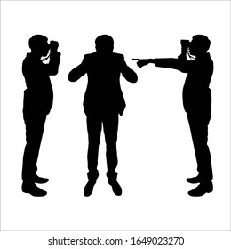 Vector silhouette of a man with binoculars in his hands. Set of black silhouettes of a man in a suit in various poses on a white isolated background. He looks in front and shows with his hand.