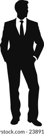 Vector silhouette of a man in a business suit standing, black color isolated on white background