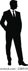 Vector silhouette of a man in a business suit standing, black color isolated on white background