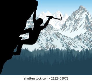 vector silhouette of man climbing on rock in Rocky Mountains