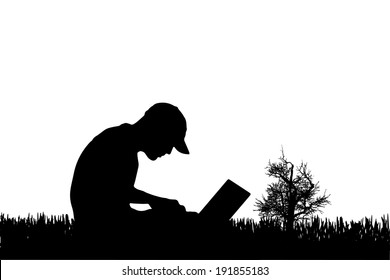 Vector silhouette of a man with a computer in nature.