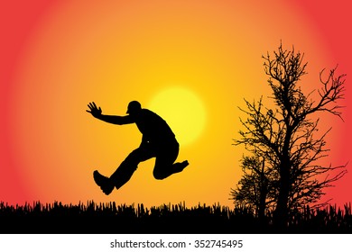 Vector silhouette of a man in the countryside at sunset.