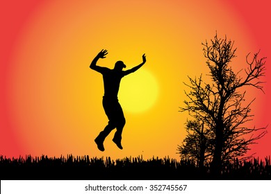 Vector silhouette of a man in the countryside at sunset.