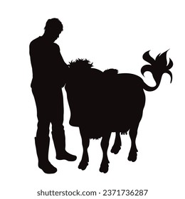 Silueta vectorial de un hombre con una vaca de fondo blanco. Símbolo de granja y ganado.