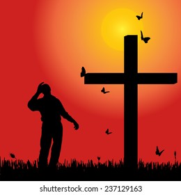 Vector silhouette of man at the cross at sunset.