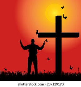 Vector silhouette of man at the cross at sunset.