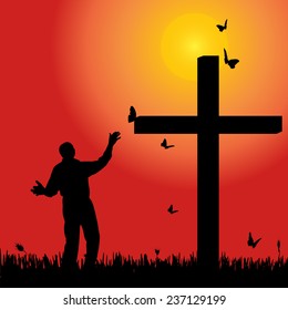 Vector silhouette of man at the cross at sunset.