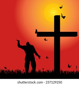 Vector silhouette of man at the cross at sunset.