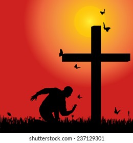 Vector silhouette of man at the cross at sunset.