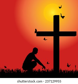 Vector silhouette of man at the cross at sunset.