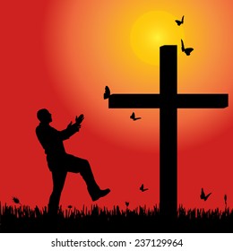Vector silhouette of man at the cross at sunset.
