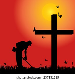 Vector silhouette man at the cross at sunset.