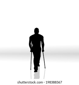 Vector silhouette of a man with crutches.