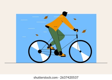 Vector silhouette of a man cycling in the park on a windy autumn day