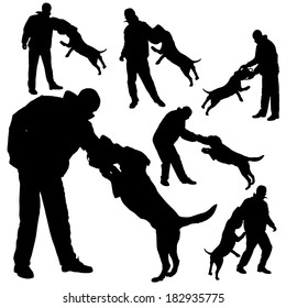 Vector silhouette of a man in defense practitioner dog.
