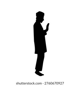 Vector silhouette of a man in a devout prayer stance, hands raised, symbolizing spiritual devotion, worship, and reverence