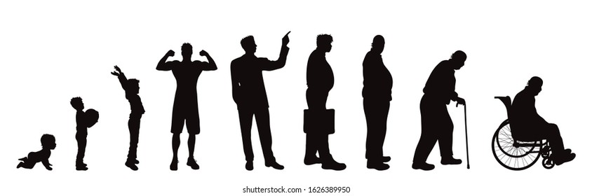 Vector silhouette of man in different age on white background. Symbol of generation from child to old person.