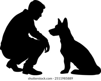 Vector Silhouette Man with Dog - Design Elements - Sitting Shepherd Dog with Dog Owner - Friend and Companion - Human and Animal